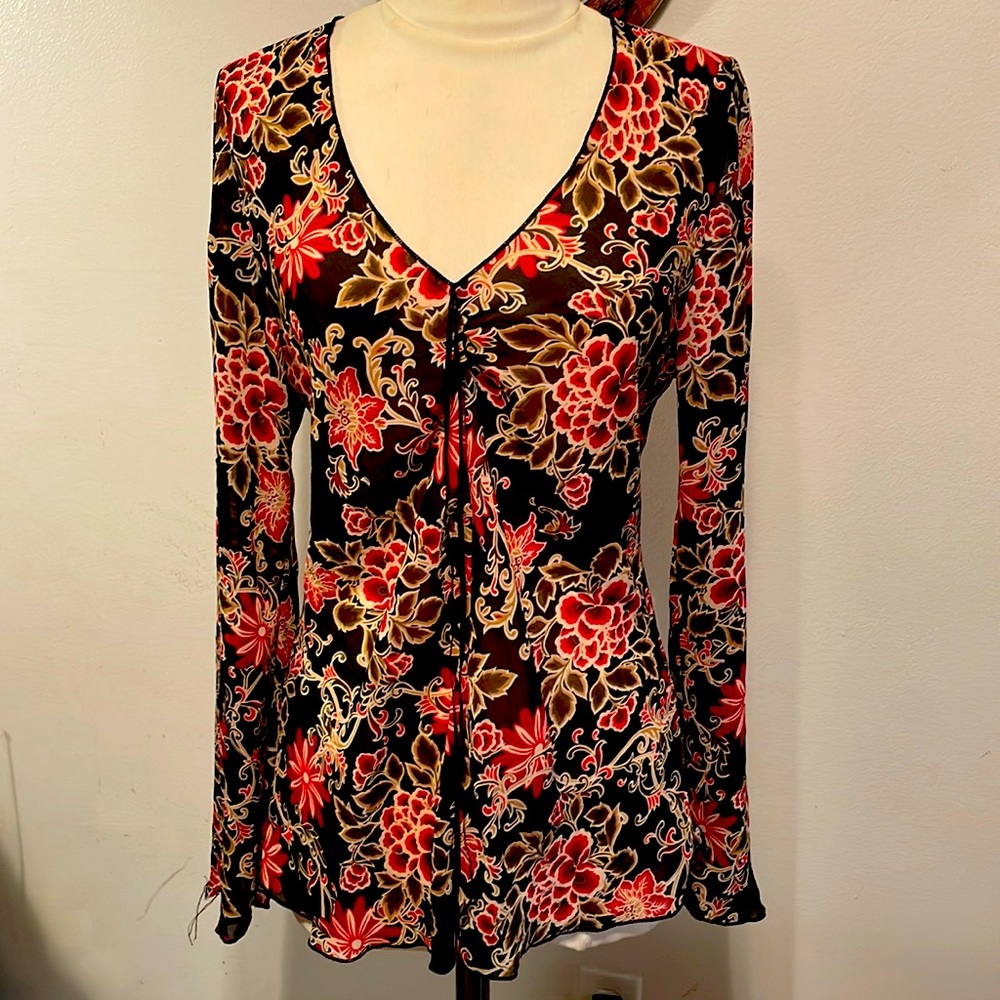 GERI C NY Sheer sexy BOHO top blouse floral red and black tie top maternity